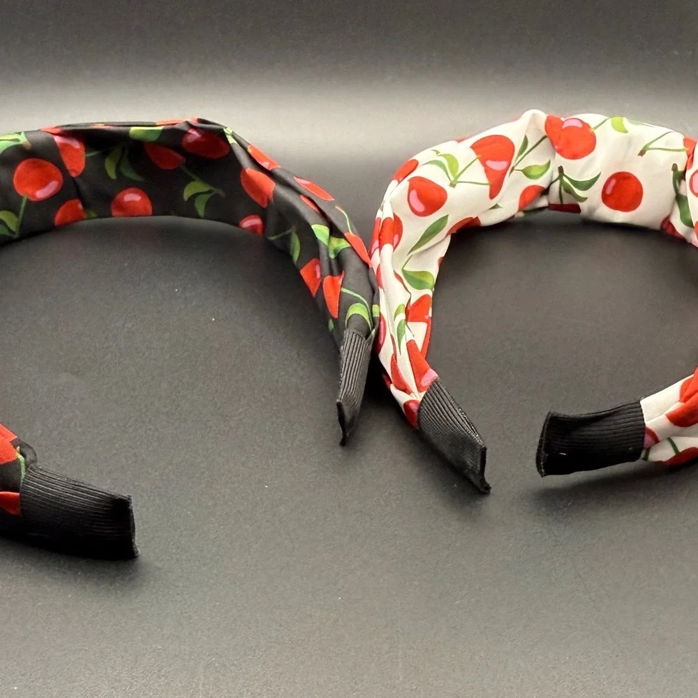 Cherry Print Knotted Headband Set White‎ Black Two Piece Accessory